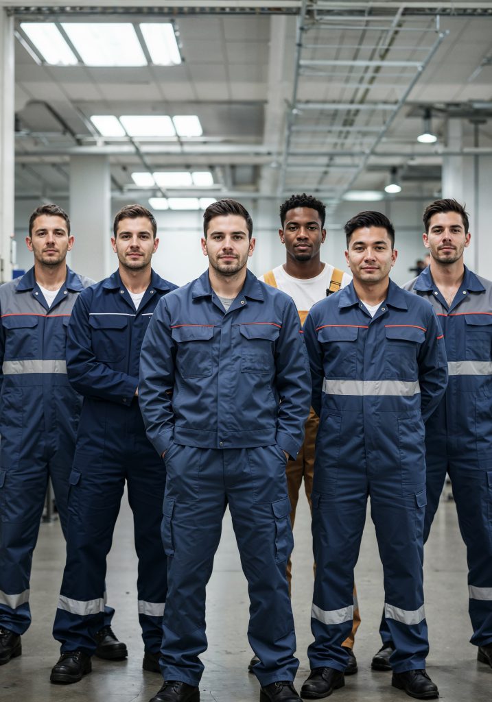 group-confident-men-blue-uniforms-posing-factory-setting